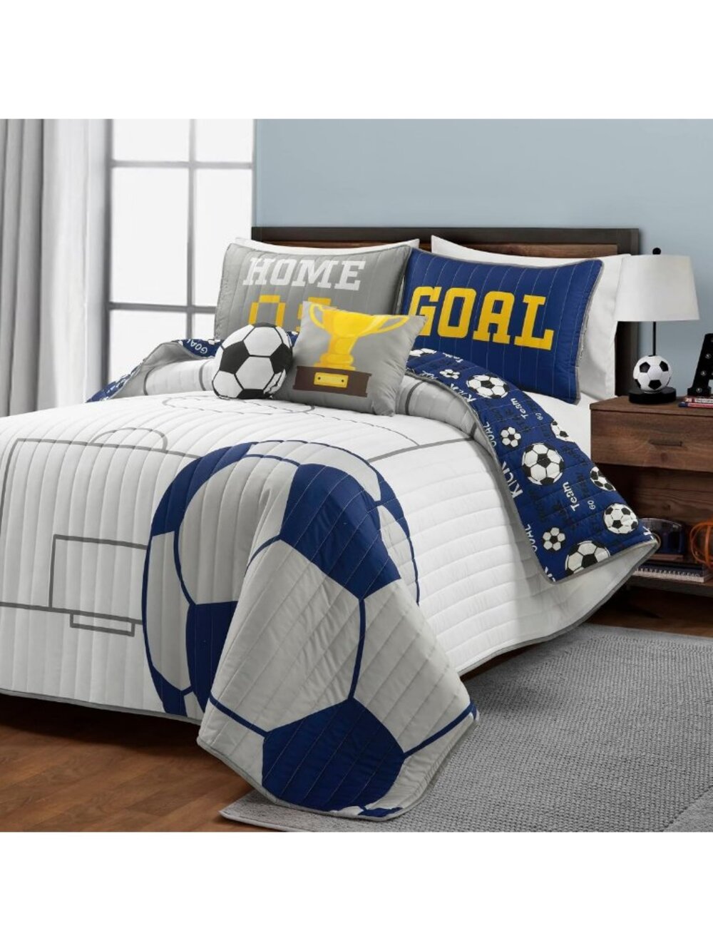Reversible Soccer Game Quilt Set - Full/Queen 4-Piece Sports Bedding in White